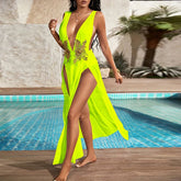 LIZAKOSHT  -  Deep V Print Long Dress For Women Sleeveless Side Split Waist Cinching Robes 2025 Summer Elegant Female Evening Party Dresses